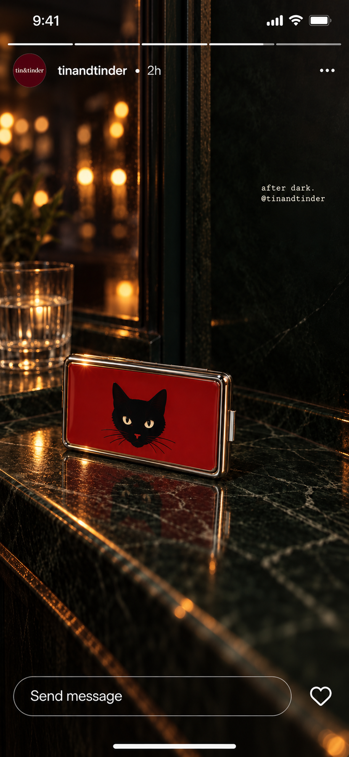 Hand with dark nail polish holding a navy and gold leopard tin card case in a theatre lobby